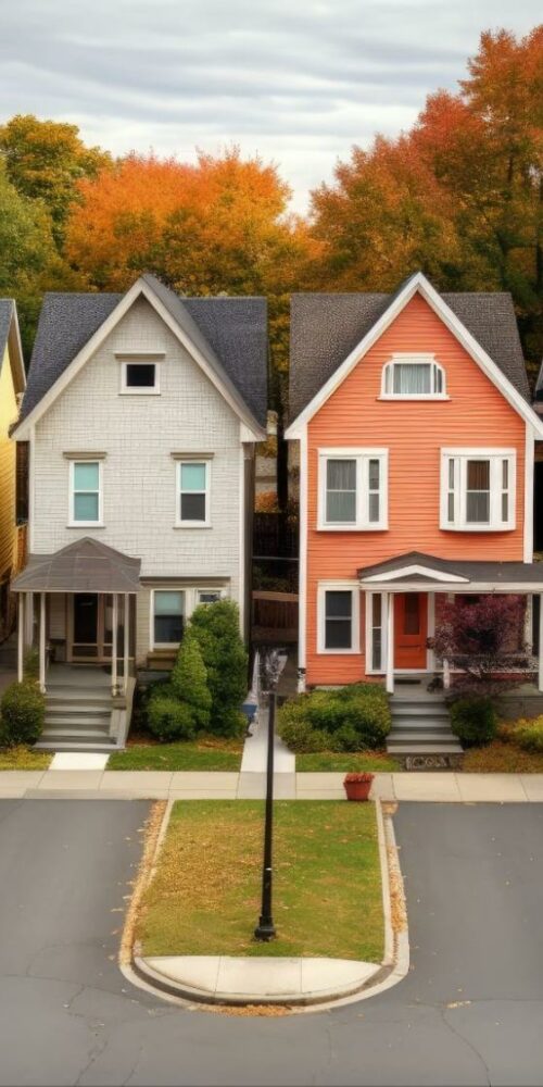 Row of colorful houses in a suburban neighborhood, each painted in a different bright hue including blue, green, yellow, white, orange, and gray, with autumn trees displaying vibrant red, orange, and yellow foliage in the background under an overcast sky.